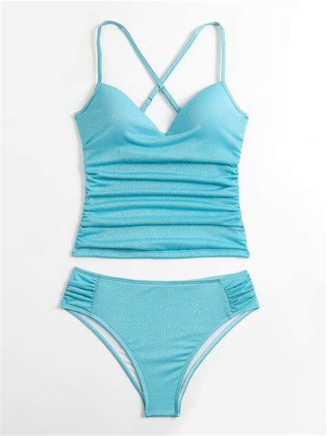 Is That The New Glitter Tankini Set Ruched Criss Cross Back Top Bikini Bottom Piece Bathing
