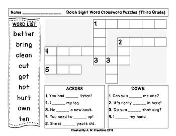 Third 3rd Grade Dolch Sight Words Crossword Puzzle By A W Creations