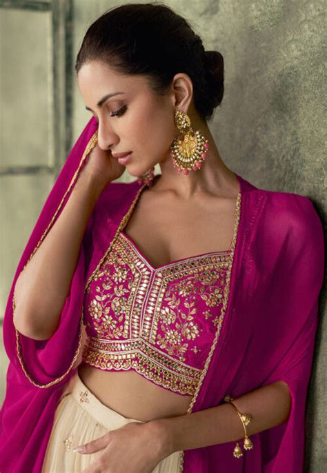 Buy Embroidered Art Silk Crop Top Set With Jacket In Shaded Beige And Fuchsia Online Tch271