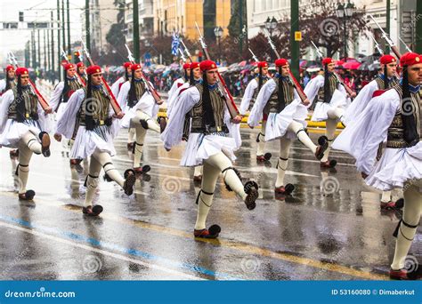 Greek Soldiers Evzones Dressed In Full Dress Uniform During