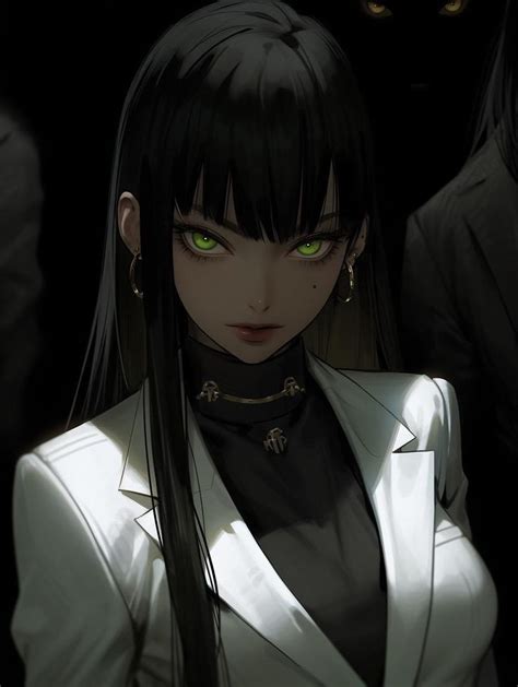 A Woman With Long Black Hair And Green Eyes Standing In Front Of Two