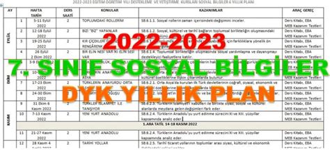 2022 2023 7 Sınıf Sosyal Bilgiler Dyk Yıllık Planı Sosyal Bilgiler Sosyalciniz Zeki DoĞan