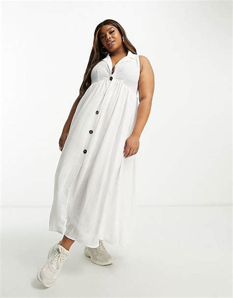 Asos Design Curve Collared Button Through Midi Smock Dress In White Asos