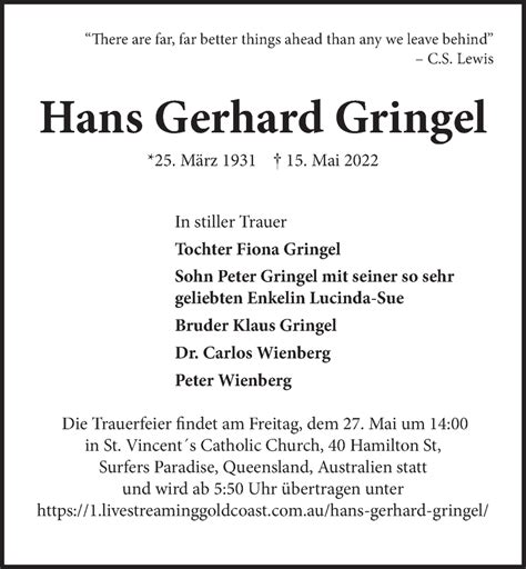 Traueranzeigen von Hans Gerhard Gringel Trauer Lüneburg de