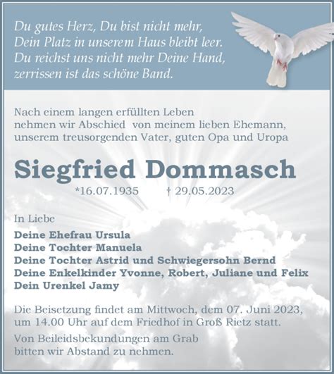 Traueranzeigen von Siegfried Dommasch Märkische Onlinezeitung