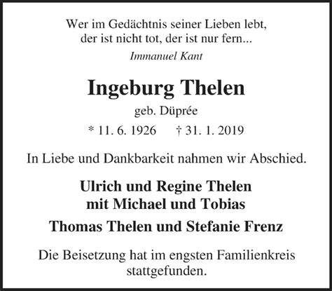 Traueranzeigen Von Ingeburg Thelen Trauer In NRW De