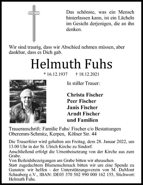 Traueranzeigen Von Helmuth Fuhs WirTrauern