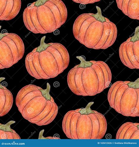 Orange Pumpkins Isolated On Black Background Seamless Pattern