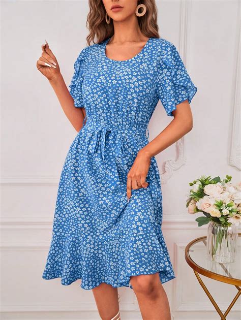 SHEIN LUNE Ditsy Floral Print Petal Sleeve Ruffle Trim Belted Dress