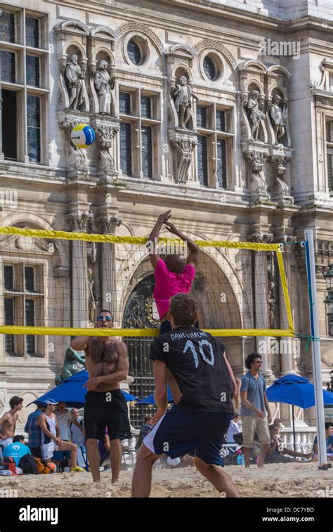 Paris, France, Young People Playing on City Beach, "Paris Plages", Beach Volleyball Stock Photo ...