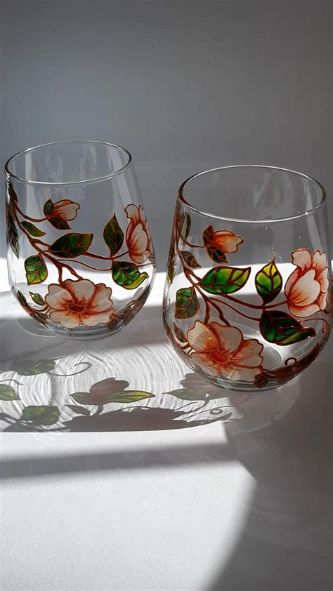 Drinkware Home Living Stemless Wine Glasses Hand Painted With Floral