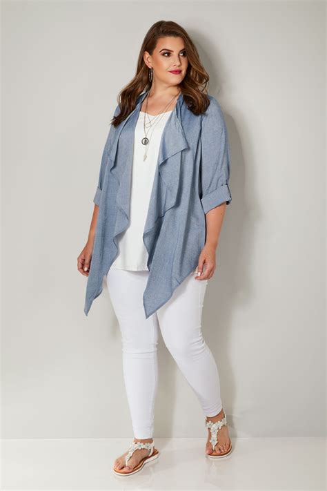 Blue Chambray Waterfall Cardigan Plus Size 16 To 36