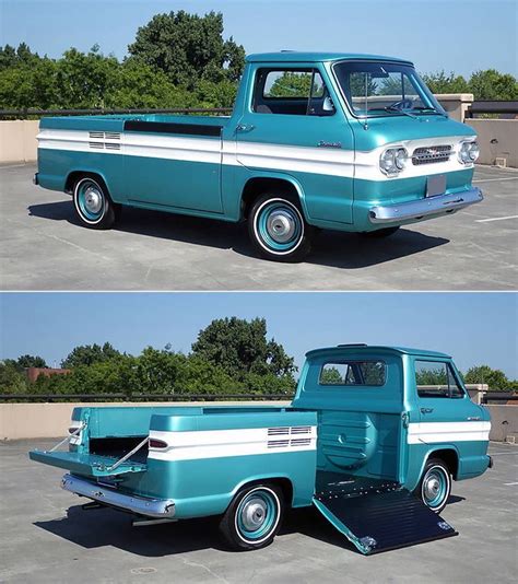 two pictures of an old blue and white truck