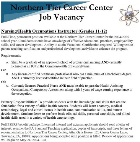 JOB Vacancy NTCC Is Looking For A Nursing Health Occupations