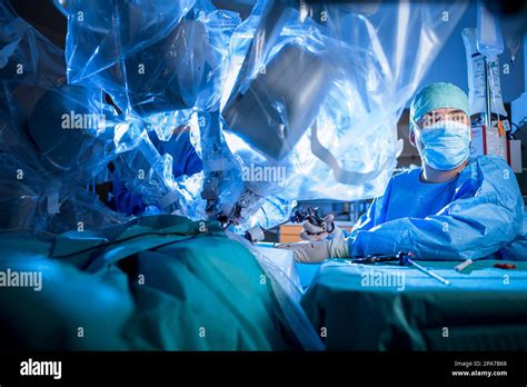 Prostate robotic surgery. Surgery room in a modern hospital with top ... 