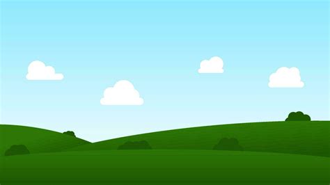 Landscape Cartoon Scene Green Field With White Cloud And Blue Sky