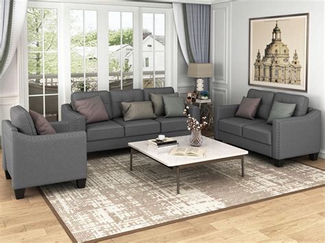 3-Piece Modern Linen Upholstered Sofa Set with Loveseat and Armchair, Gray - Walmart.com