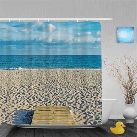 Summer Holiday Beach Landscape Shower Curtain Blue Sky Sea Decor