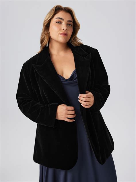 Velvet Velvet Collar Pocket Blazer Curve And Plus For Daily Casual Work