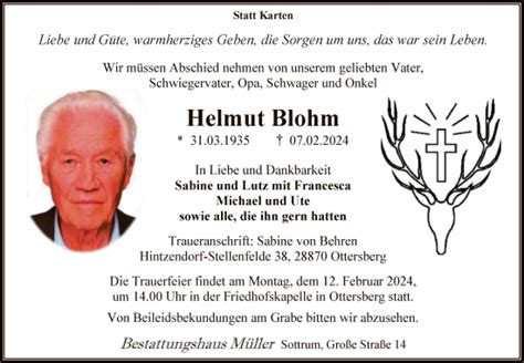 Traueranzeigen Von Helmut Blohm Trauer Kreiszeitung De