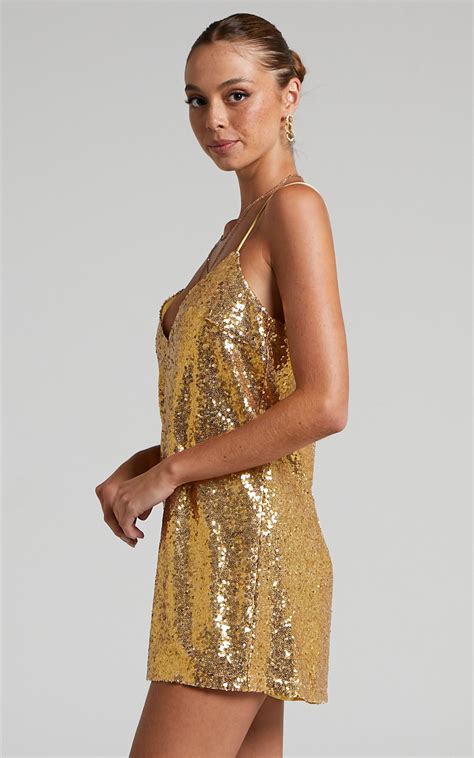 Delilaah Strappy V Neck Slip Sequin Mini Dress In Gold Sequins Showpo