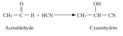 Give nucleophilic addition reaction of acetaldehyde withHCN