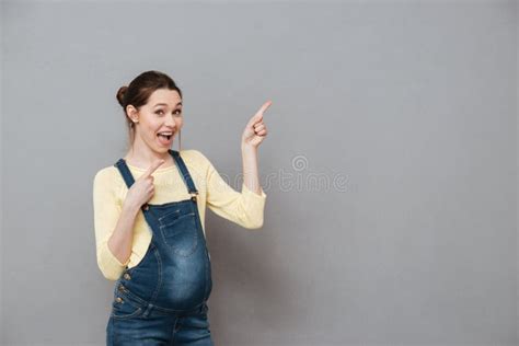 Cheerful Smiling Pregnant Lady Pointing Stock Image Image Of