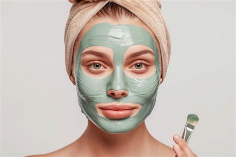 Young Woman Applying Green Facial Clay Mask For Skin Care On Light