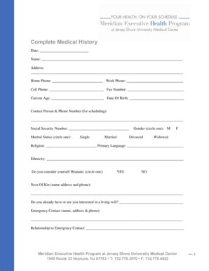 Fillable Online Complete Medical History Meridian Health Fax Email