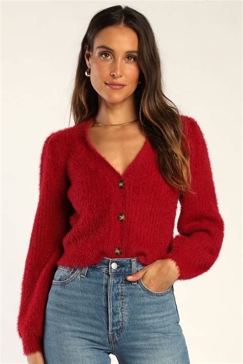 Cozy Touch Wine Red Eyelash Knit Button Up Cardigan Sweater Red