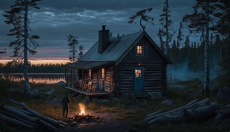 Premium AI Image | A cabin by the lake at night with a lake and a man ...