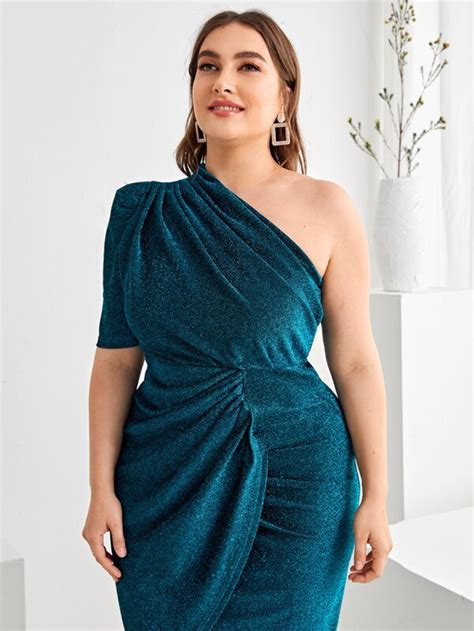 SHEIN Belle Plus One Shoulder Ruched Asymmetrical Hem Glitter Dress