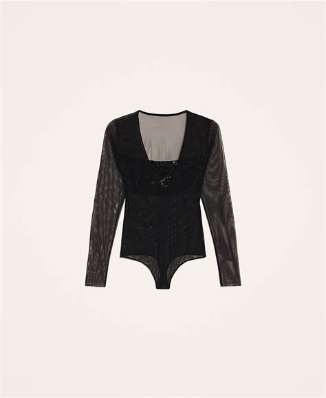 Body En Tulle Avec Bande Strass E Femme Noir Twinset Milano