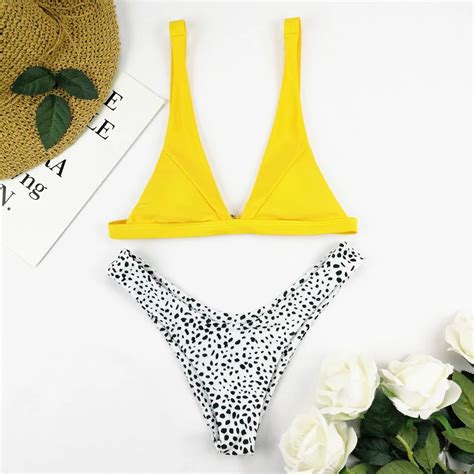 Sexy Brazilian Bikini Women Dot Print Swimwear Yellow Swimsuit Micro