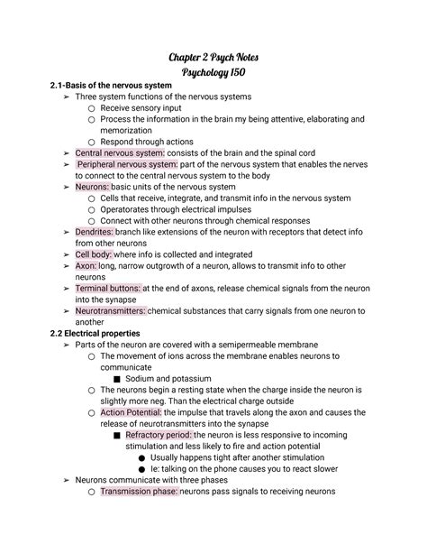 Chapter 2 Psych Notes Chapter 2 Psych Notes Psychology 150 2 Basis Of The Nervous System Three