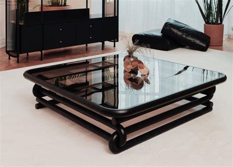 Curved Solid Wood Coffee Table With Smoked Bronzed Glass By Vidivixi