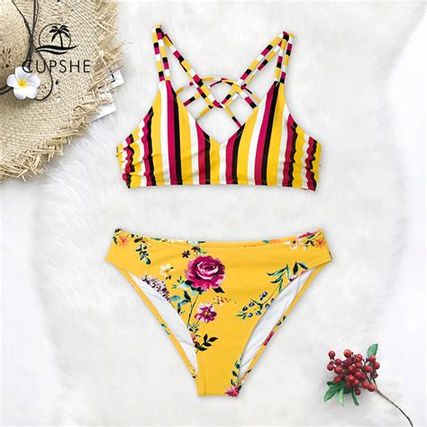 CUPSHE Yellow Stripe And Floral Strappy Bikini Sets Women Sexy Two