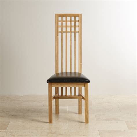 Lattice Back Natural Solid Oak Dining Chair Black Leather