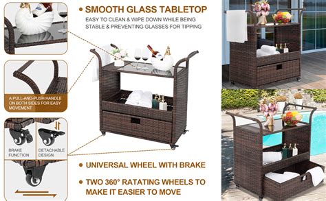 Outdoor Wicker Bar Cart With Wheels Rolling Rattan Beverage Bar Counter Table With