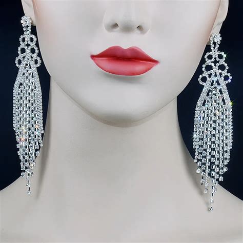 Chran Classic Exaggerated Rhinestone Long Crystal Tassel Earrings For