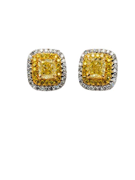 Yellow Cushion Cut Double Halo Earrings Halo Earrings Colored