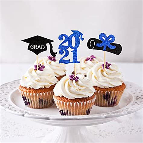 Ercadio 24 Pack 2021 Graduation Cupcake Toppers With Glitter Grad Cap