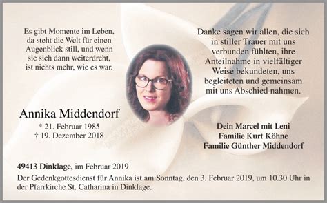 Traueranzeigen Von Annika Middendorf Noz Trauerportal