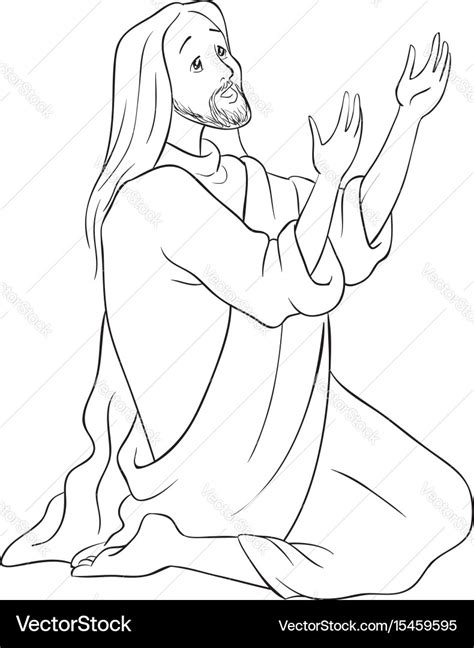 Jesus kneeling in prayer coloring page Royalty Free Vector