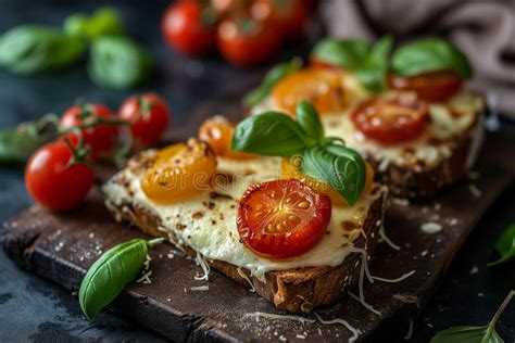 Baked Sandwich With Cheese And Cherry Tomatoes On Dark Bread Stock