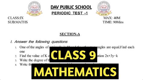 Dav Class 9 Periodic Test 1 Question Paper Of Math Mathematics Dav