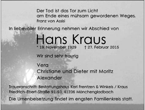 Alle Traueranzeigen F R Kraus Hans Trauer Rp Online De