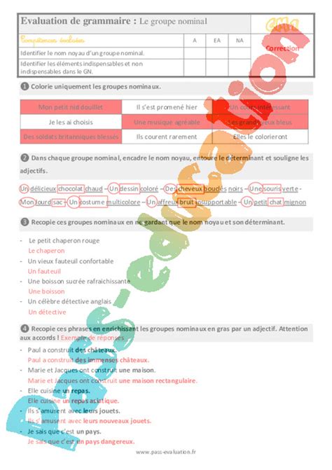 Evaluation avec le corrigé pour le Cm1 Le groupe nominal nom