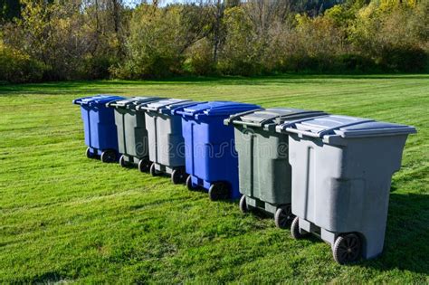 Row Of Garbage Recycle And Yard Waste Bins Set Out On A Freshly Mowed