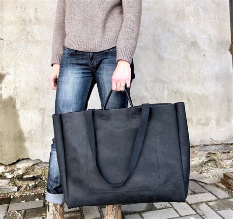 Extra Large Black Leather Tote Bag 24x 15 Oversized Work Etsy